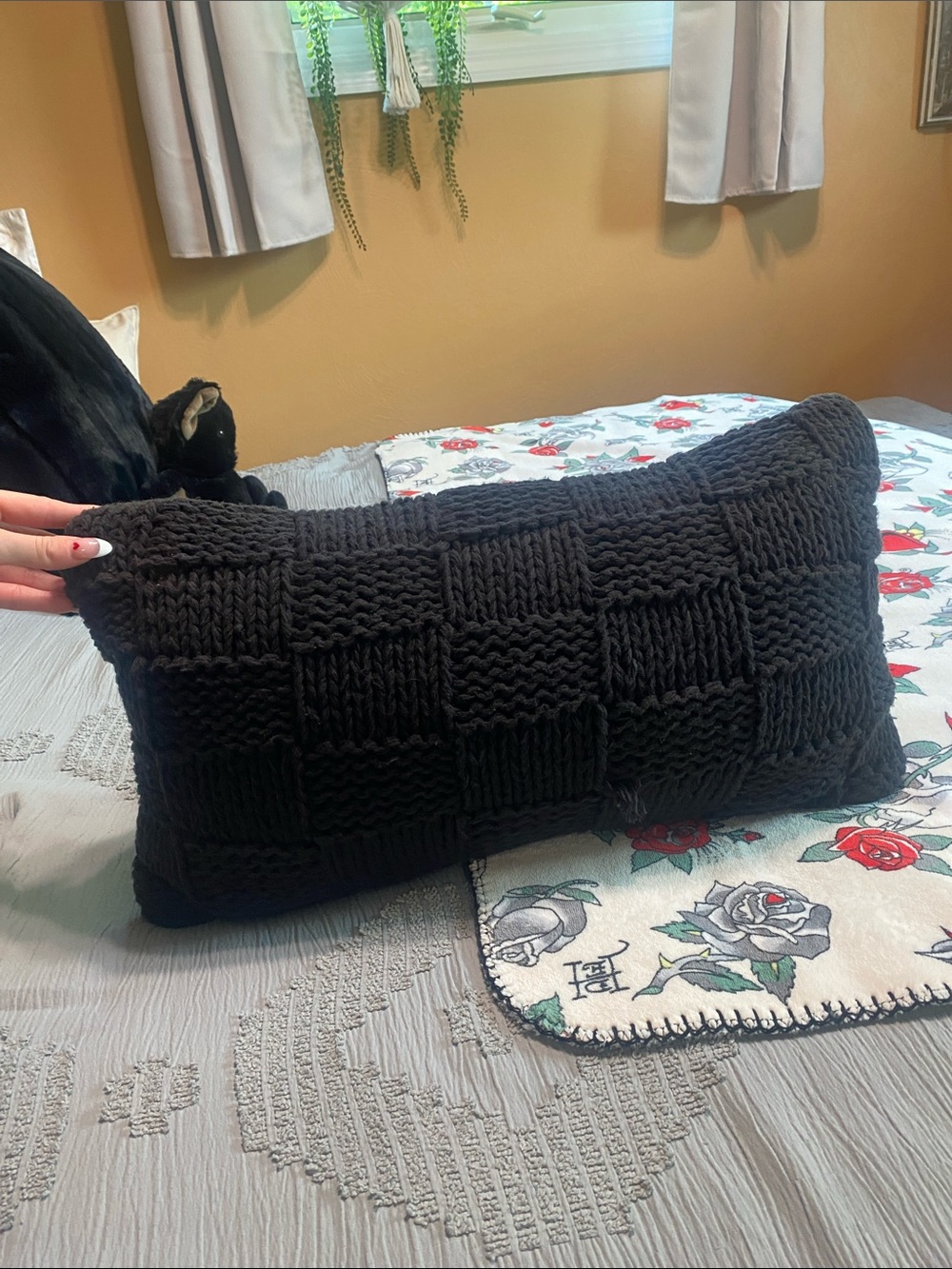 Black Knit Basketweave Lumbar Pillow woven boho